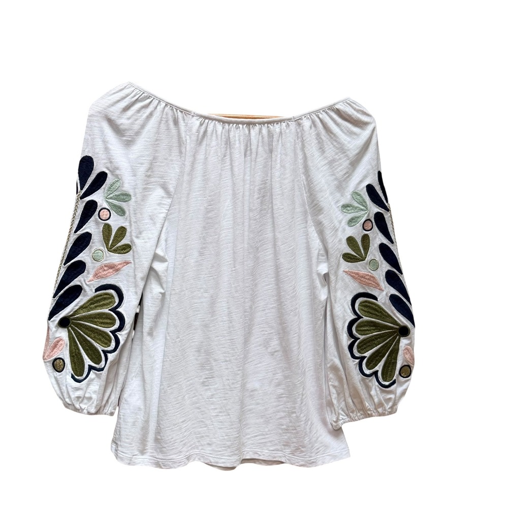Boden Hayden Top Womens 8 White Embroidered Sleeve Peasant Blouse Boho Floral - Picture 4 of 6